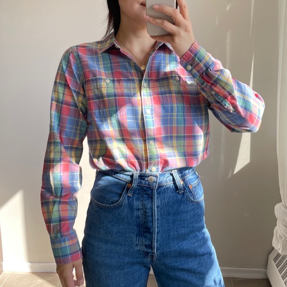 L.L. Bean Rainbow Plaid Button Down Shirt - Picture 2 of 5